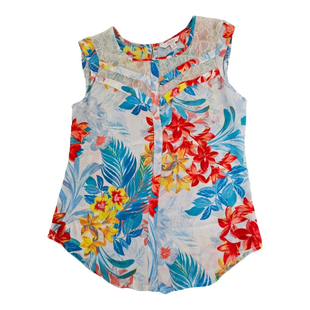 Floral Lace Inset Sleeveless Top Women's Size XS Tropical Print By Candies